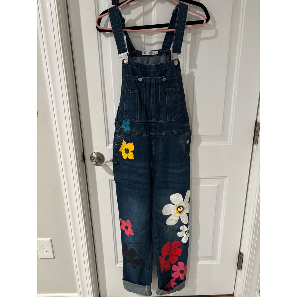 MissLook Bib Overalls Women's Denim Painted Floral Boho Wearable Art Hippie Sz S
